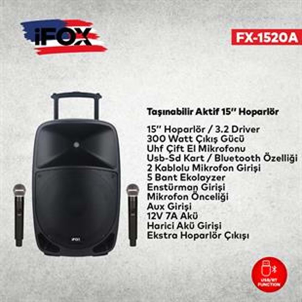 İFOX 15 Uhf Usb-Sd-Bt 2 El Aktif Kabin Hoparlör FX-1520 A