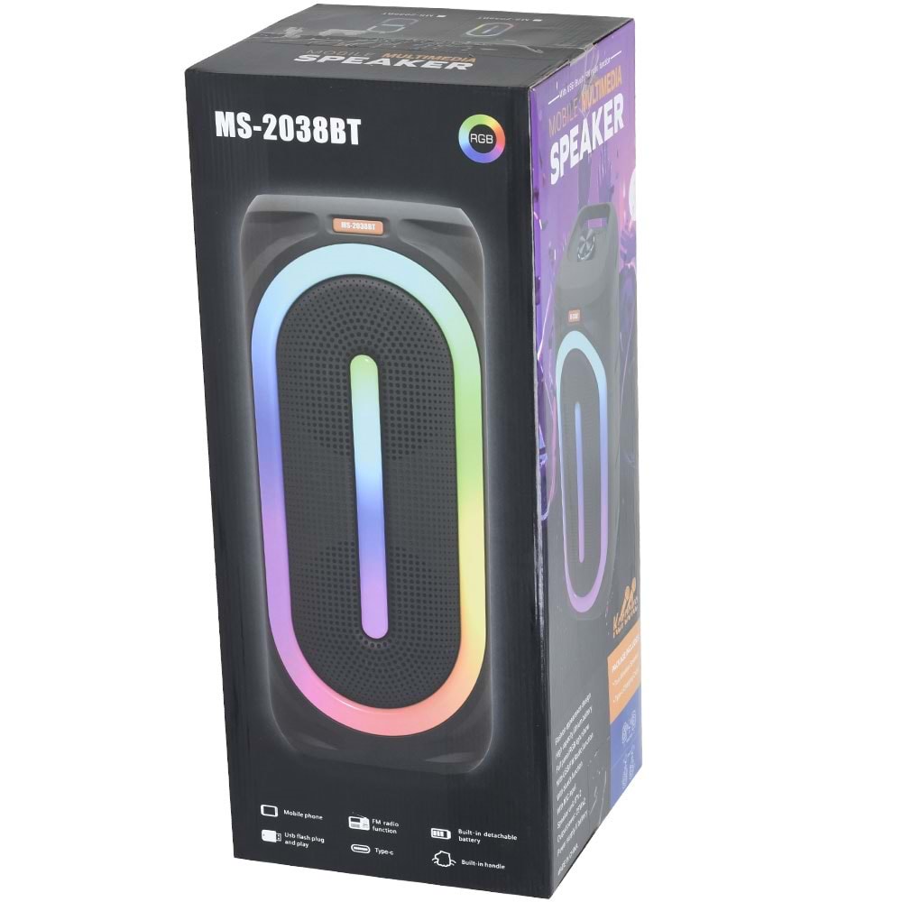 MS Bluetooth ve USB Girişli 2X8 inch Şarjlı Işıklı Müzik Sistemi MS-2038 BT