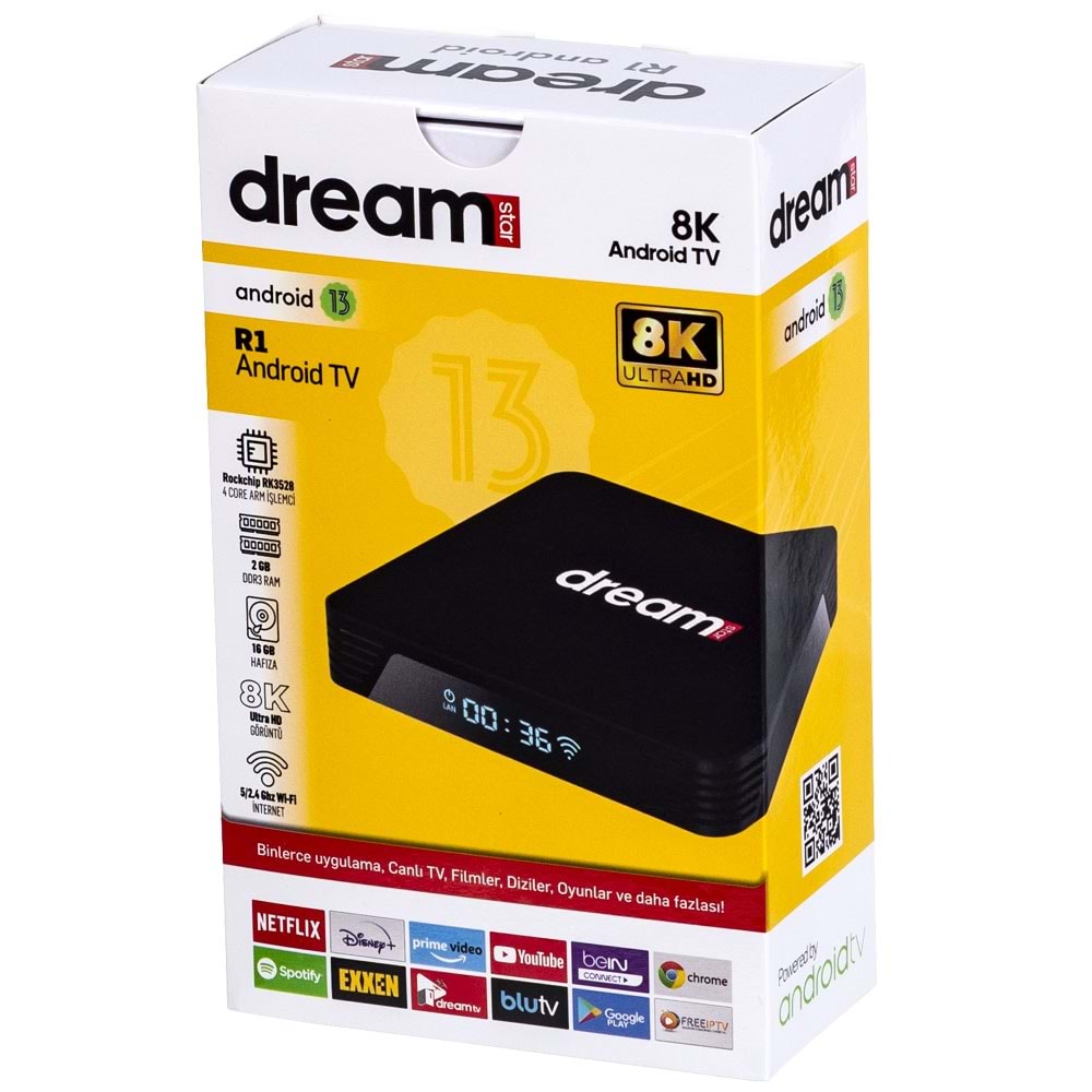 DREAMSTAR 2 Gb Ram 16 Gm Hafıza Androıd 13 Tv Box R-1 2-16