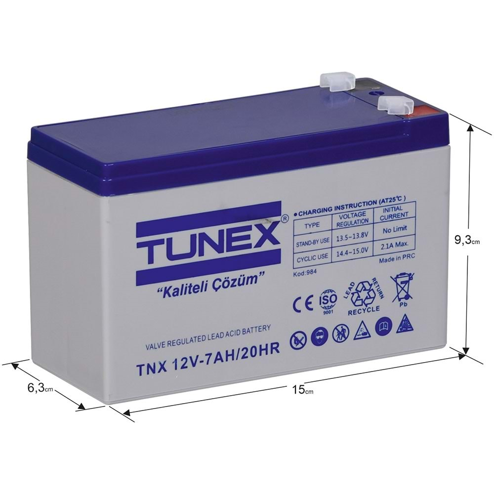 TUNEX 12V 7A 1,86 Kg Kuru Bakımsız Akü (151*65*94*100 Mm) TNX-12V7A