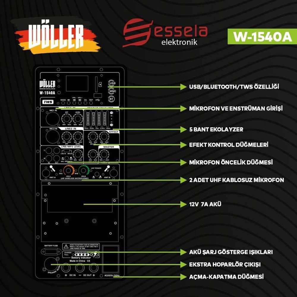 WÖLLER 15 400W Bluetooth ve USB Girişli 2 El Uhf Mic Eco Reverb Şarjlı Portatif Hoparlör W-1540 DSP