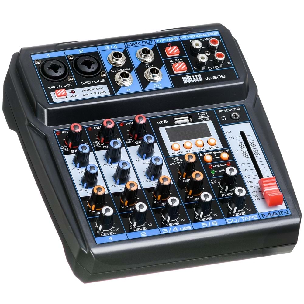 WÖLLER 6 Kanal USB Bluetooth'lu 48V Deck Mixer W-606