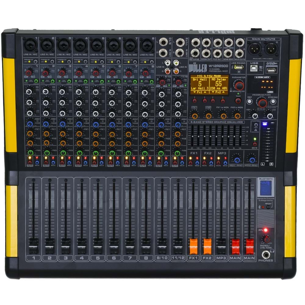 WÖLLER 12 Kanal 2X1250W Usb-Bt Çift Efekt Power Mixer W12-R2500