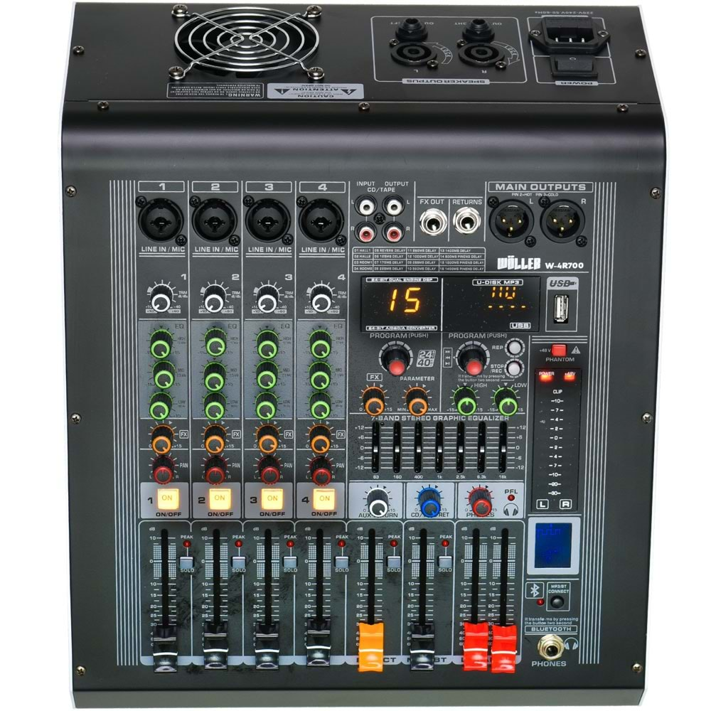 WÖLLER 4 Kanal 2X350W USB - Bluetooth lu +48V 16 Dsp Efect Power Mixer W4-R700