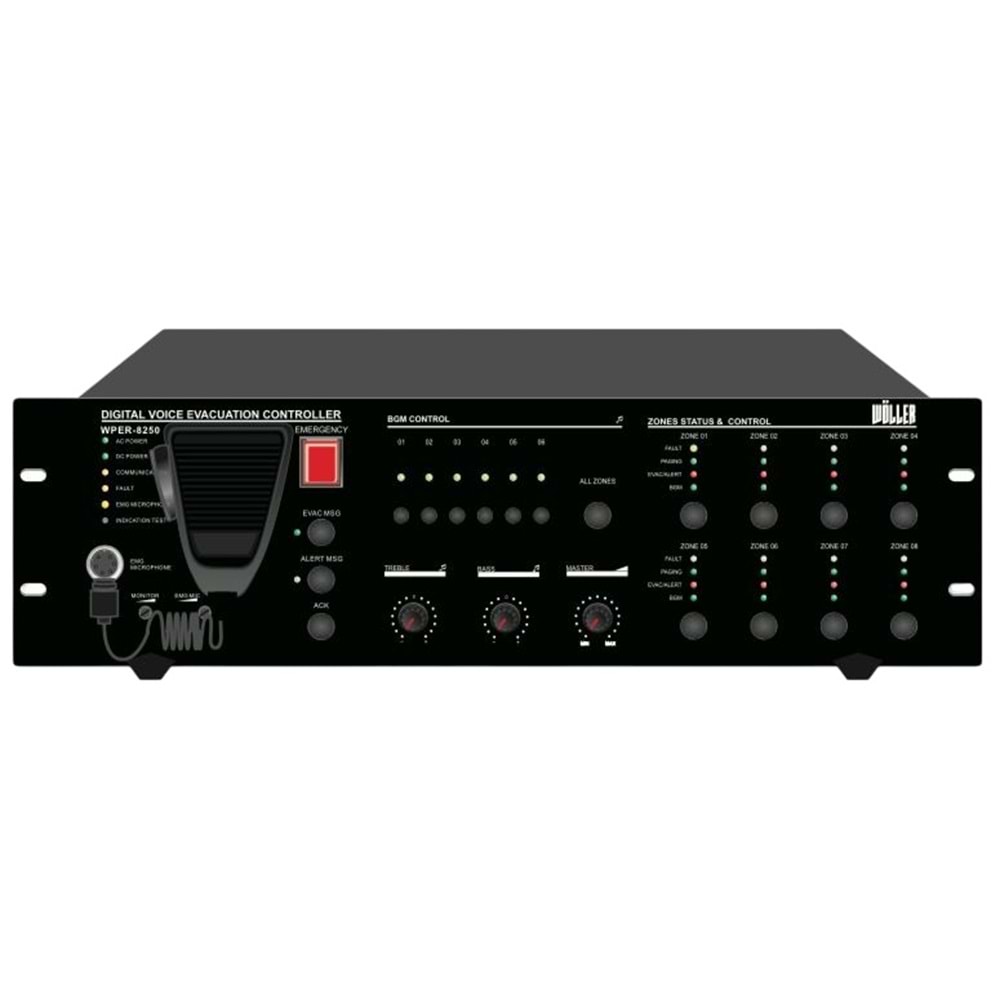 WÖLLER EN54 250W 100V 6 Bölge Kontrollü Acil Anons Merkezi Ünite WPER-6250