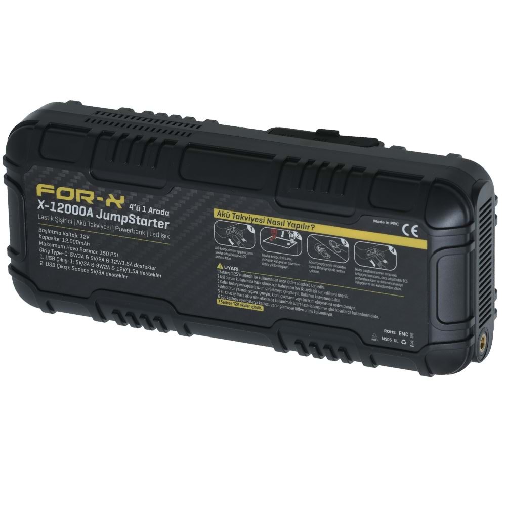 FOR-X 12000mAh 1600A Akü Takviye Cihazı ve Lastik Şişirici X-12000A