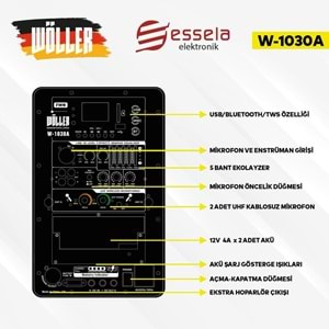 WÖLLER 10 300W Usb+Sd+Bt 2 El Uhf Mic Eco Şarjlı Portatif Hoparlör W-1030 A