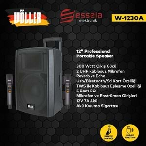 WÖLLER 12 300W Usb+Sd+Bt 2 El Uhf Mic Eco Reverb Şarjlı Portatif Hoparlör W-1230 A