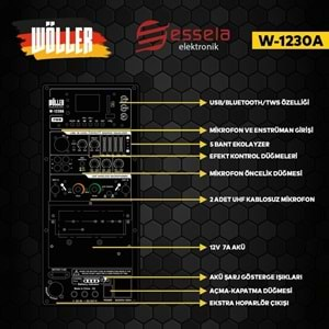 WÖLLER 12 300W Usb+Sd+Bt 2 El Uhf Mic Eco Reverb Şarjlı Portatif Hoparlör W-1230 A