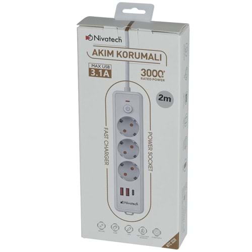 NİVATECH 3 Lü 2 Mt USB Şarjlı Akım Korumalı Topraklı Priz NTC-3220-2