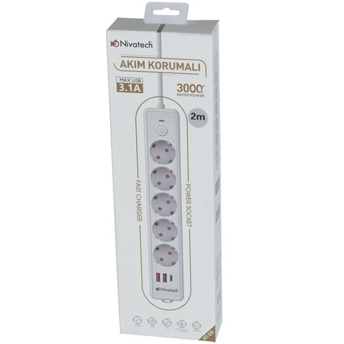 NİVATECH 5 Li 2 Mt USB Şarjlı Akım Korumalı Topraklı Priz NTC-5220-2