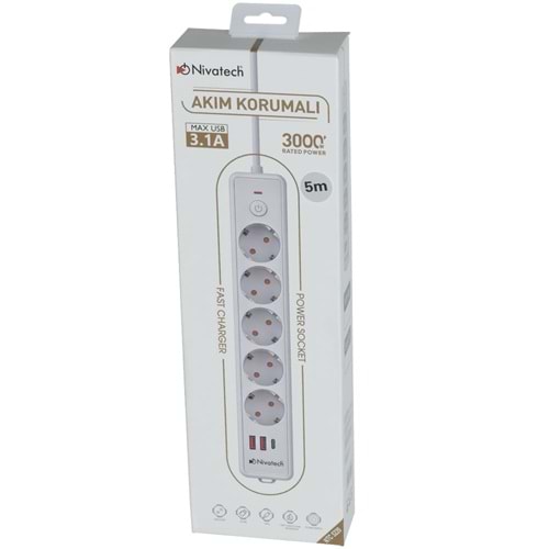 NİVATECH 5 Li 5 Mt USB Şarjlı Akım Korumalı Topraklı Priz NTC-5220-5