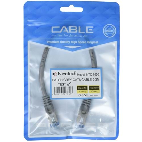 NIVATECH 30 Cm Cat6 Pluglu Kablo NTC-7050 GRİ