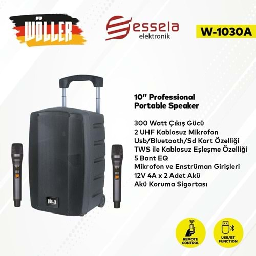 WÖLLER 10 300W Usb+Sd+Bt 2 El Uhf Mic Eco Şarjlı Portatif Hoparlör W-1030 A