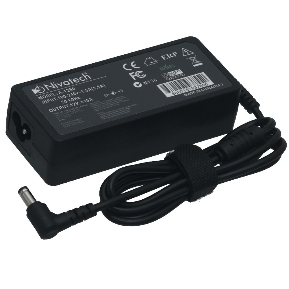 NİVATECH 12V 5A 5,5X2,5 mm Jaklı Plastik Kasa Adaptör A-1250