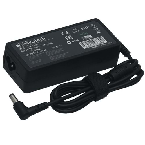 NİVATECH 12V 5A 5,5X2,5 mm Jaklı Plastik Kasa Adaptör A-1250