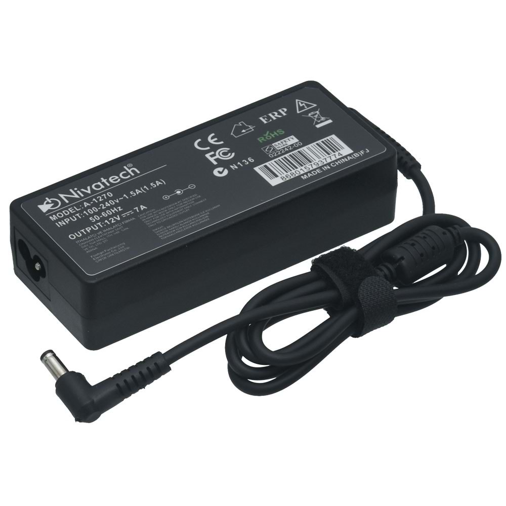 NİVATECH 12V 7A 5,5X2,5 mm Jaklı Plastik Kasa Adaptör A-1250