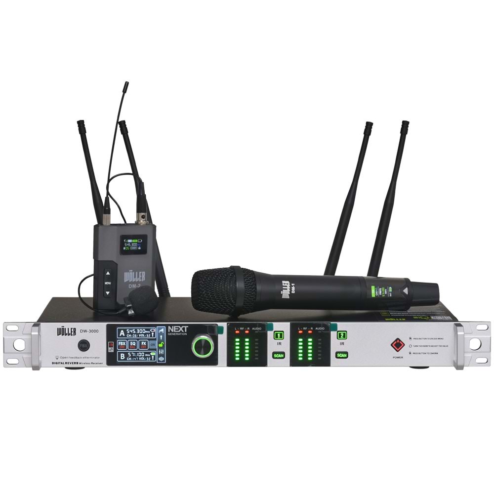 WÖLLER Çift Kanal 1 EL 1 Yaka Kablosuz True Diversity UHF Kablosuz Mikrofon DW-3000 EY