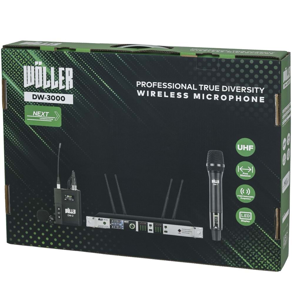 WÖLLER Çift Kanal 1 EL 1 Yaka Kablosuz True Diversity UHF Kablosuz Mikrofon DW-3000 EY