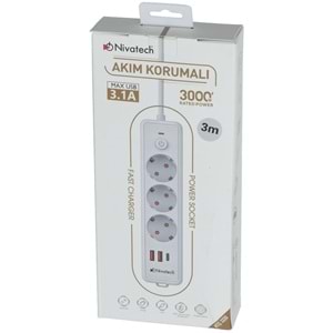 NİVATECH 3 Lü 3 Mt USB Şarjlı Akım Korumalı Topraklı Priz NTC-3220-3