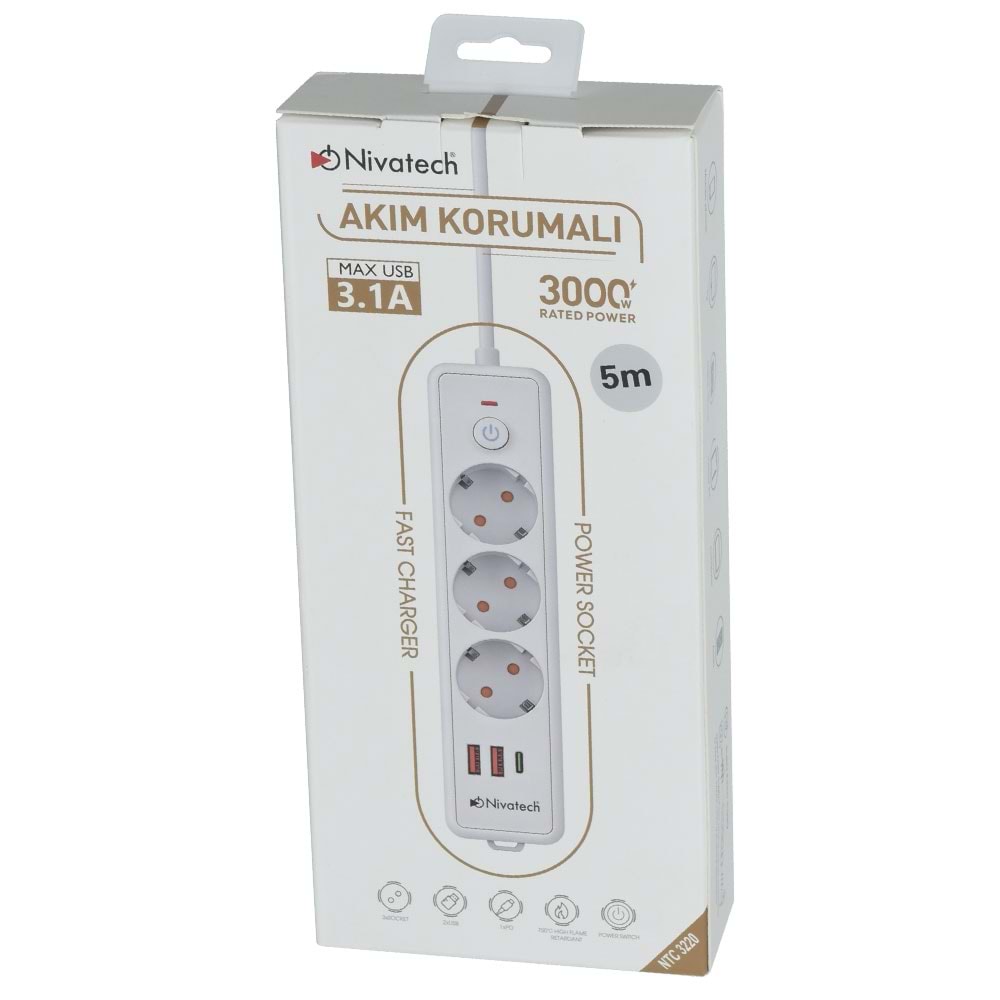 NİVATECH 3 Lü 5 Mt USB Şarjlı Akım Korumalı Topraklı Priz NTC-3220-5