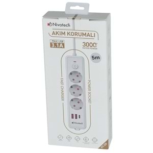 NİVATECH 3 Lü 5 Mt USB Şarjlı Akım Korumalı Topraklı Priz NTC-3220-5