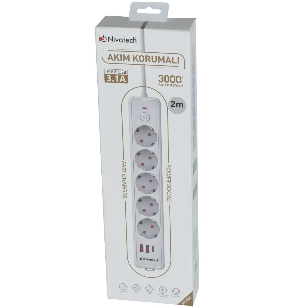 NİVATECH 5 Li 2 Mt USB Şarjlı Akım Korumalı Topraklı Priz NTC-5220-2