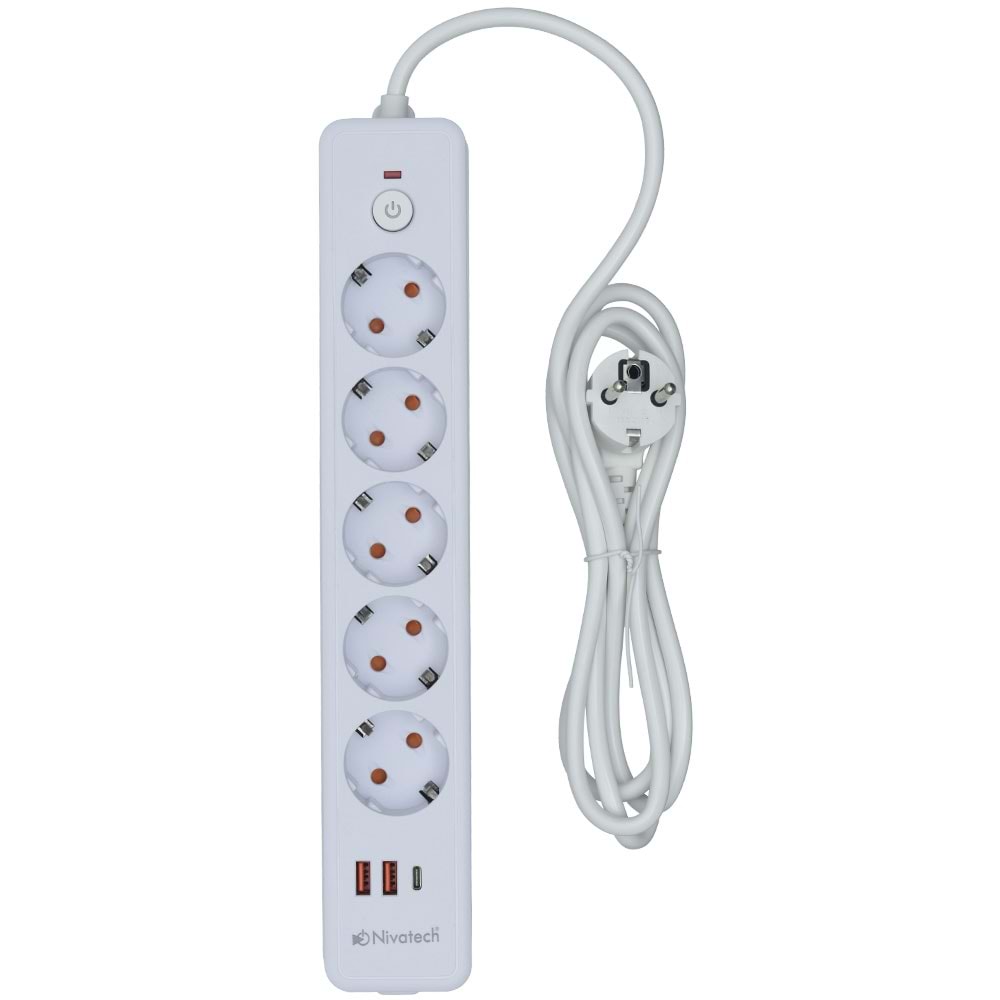 NİVATECH 5 Li 2 Mt USB Şarjlı Akım Korumalı Topraklı Priz NTC-5220-2