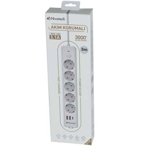 NİVATECH 5 Li 3 Mt USB Şarjlı Akım Korumalı Topraklı Priz NTC-5220-3