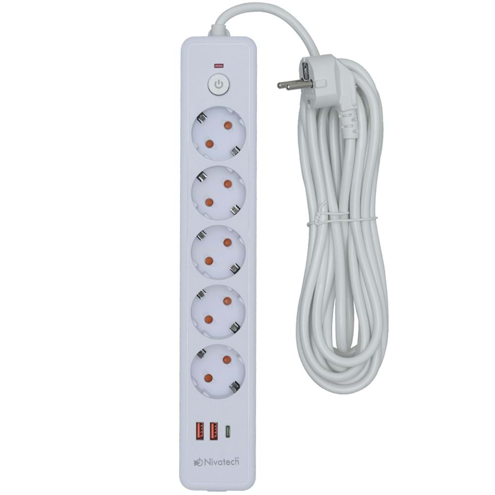 NİVATECH 5 Li 5 Mt USB Şarjlı Akım Korumalı Topraklı Priz NTC-5220-5
