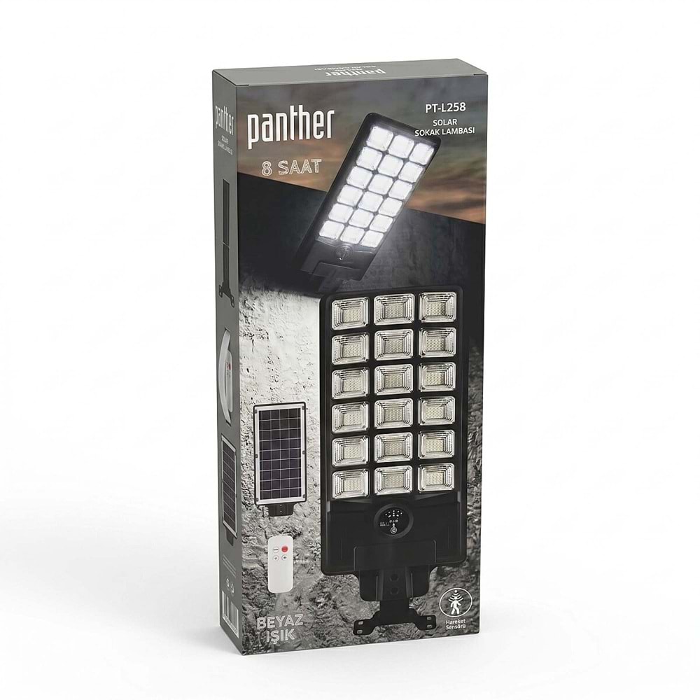 PANTHER IP-66 Sensörlü Kumandalı Solar şarjlı Ledli Sokak Lambası PT-L258