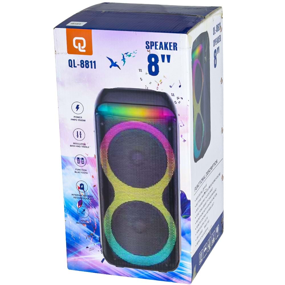 QL Bluetooth ve USB Girişli 8 İnch Şarjlı Işıklı Müzik Sistemi QL-8811
