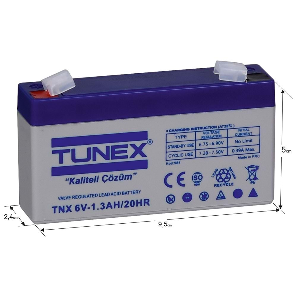 TUNEX 6V 1,3A 0,29 Kg Kuru Bakımsız Akü (97*24*51*57 Mm) TNX-6V1,3A