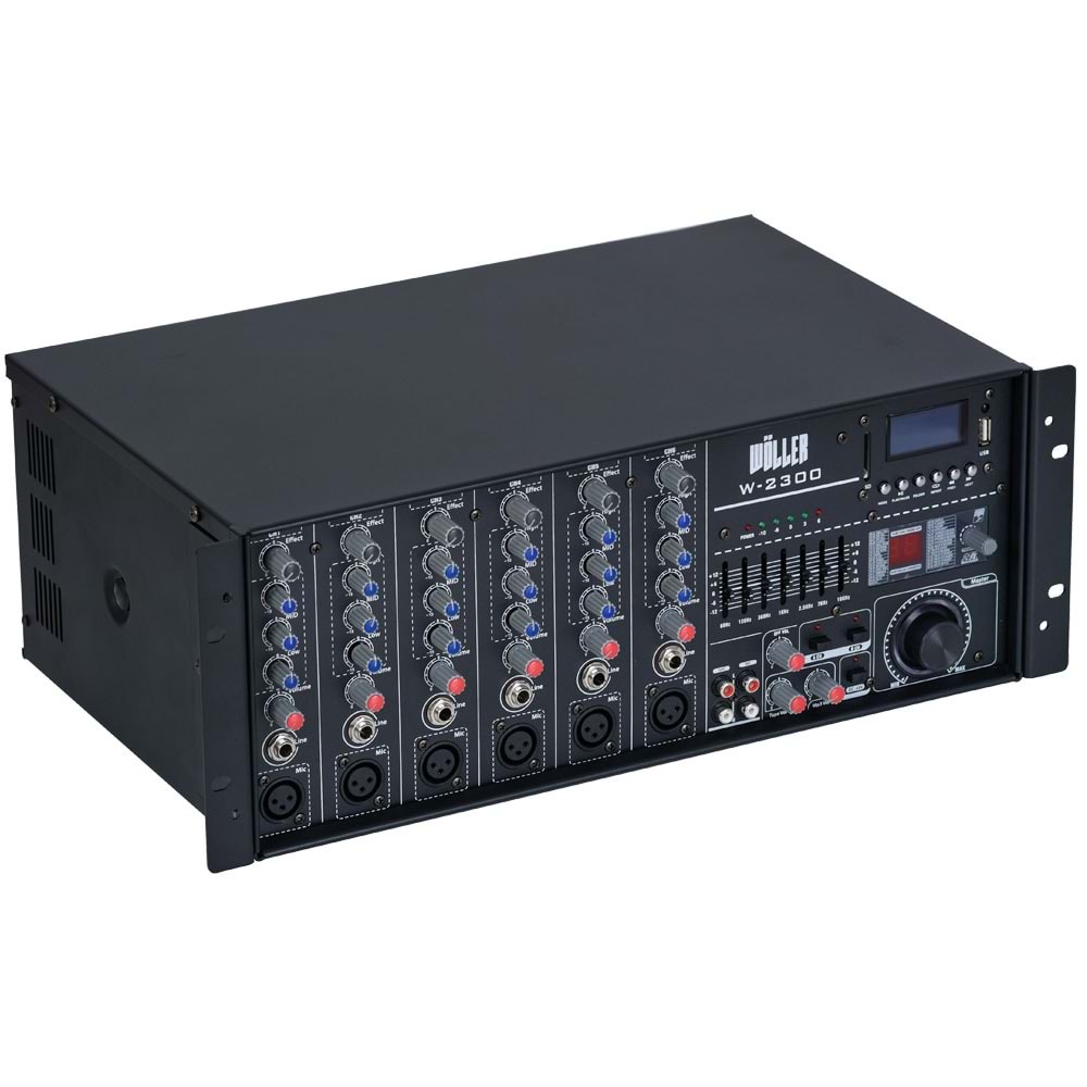 WÖLLER 100V - 8 OHM 300W 6 Kanal Rack Tipi Power Mikser Amfi W-2300
