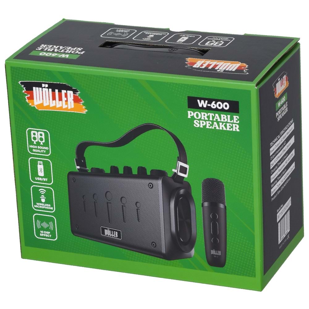 WÖLLER 100W Bluetooth ve USB Girişli Tek El Kayıtlı Şarjlı Portatif Amfi W-600 E