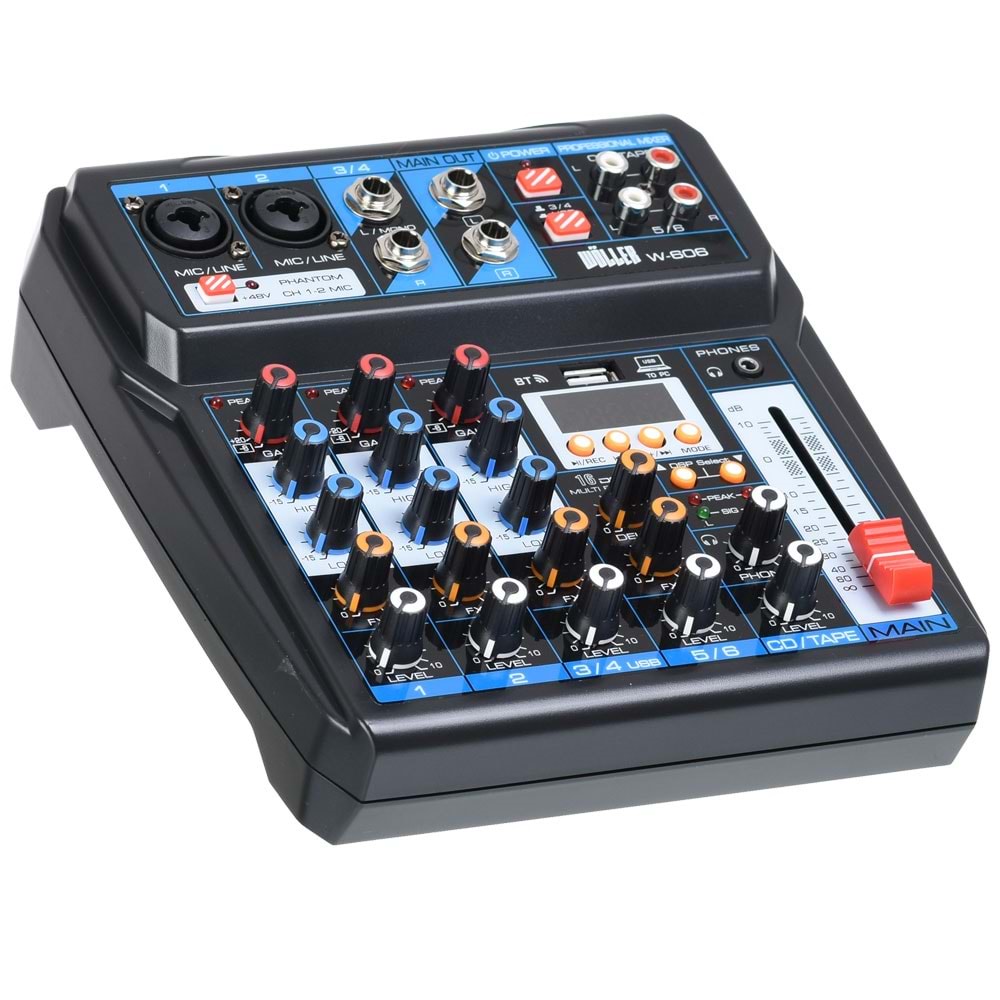 WÖLLER 6 Kanal USB Bluetooth'lu 48V Deck Mixer W-606