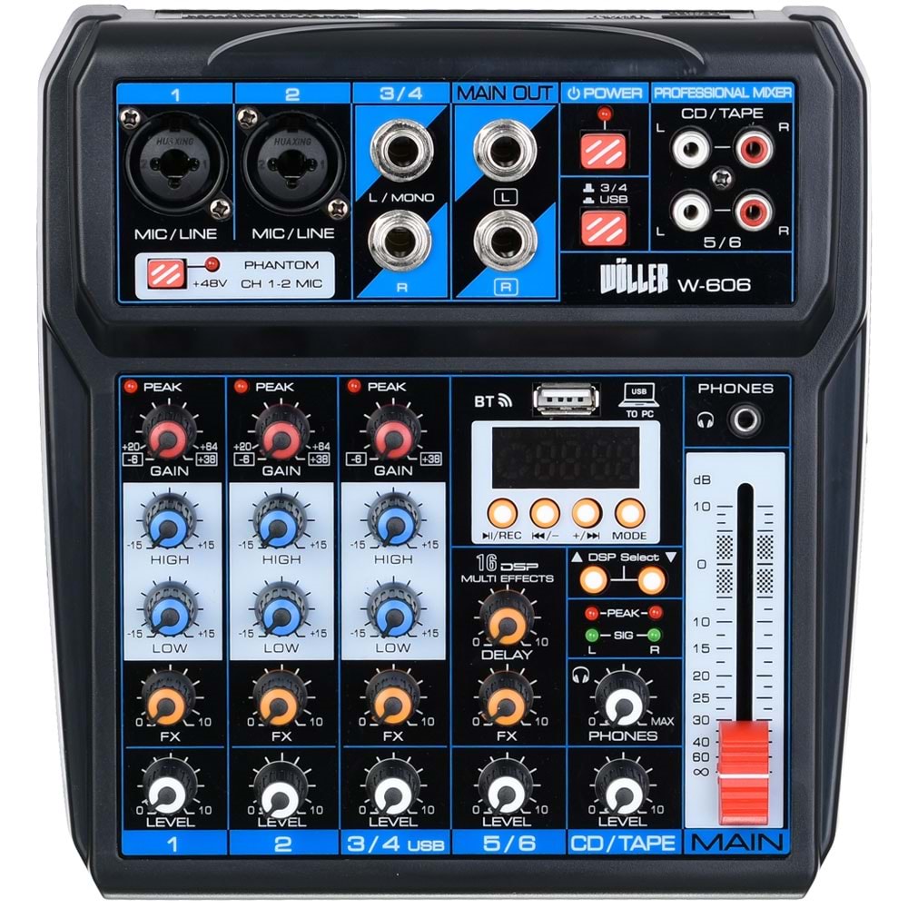 WÖLLER 6 Kanal USB Bluetooth'lu 48V Deck Mixer W-606