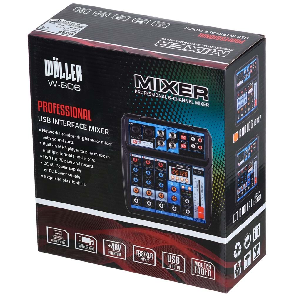 WÖLLER 6 Kanal USB Bluetooth'lu 48V Deck Mixer W-606
