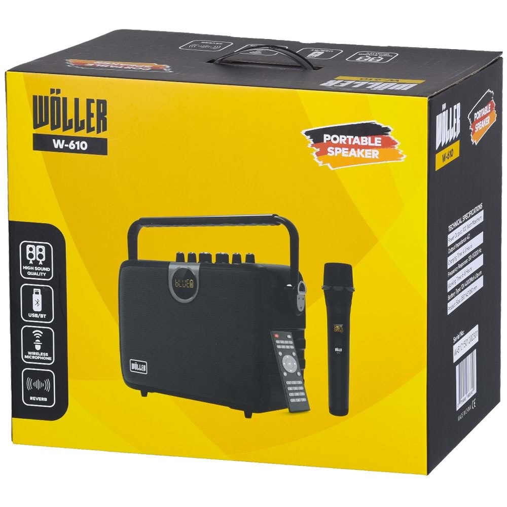 WÖLLER 100W Bluetooth ve USB Girişli Tek El Kayıtlı Şarjlı Portatif Amfi W-610 E