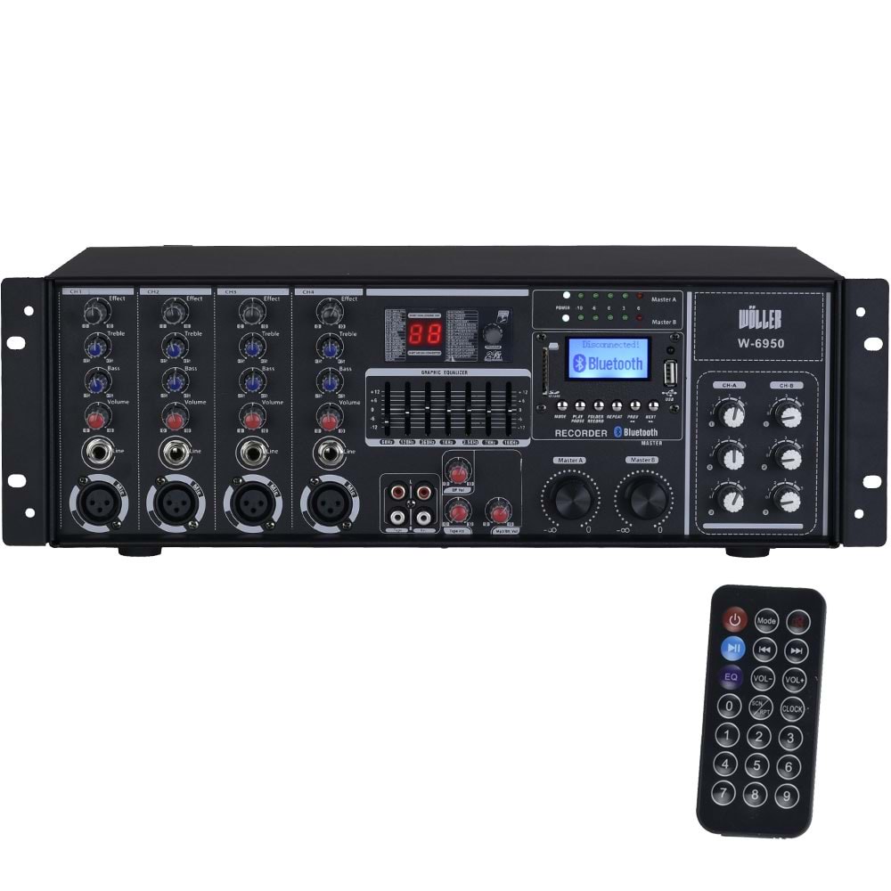 WÖLLER 2X500W 4 Kanal 70-100V 8 Ohm 99 Dsp Efekt 6 Bölge Kontrol Mixer Amfi W-6950