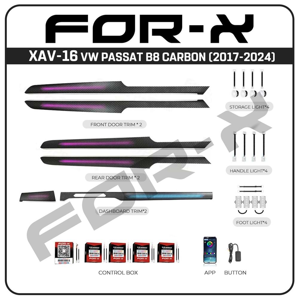 FOR-X Volkswagen Passat B8 2017-2024 Ambient Carbon Desing RGB Led XAV-16 CARBON